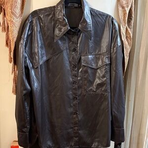 Tibi Dark Brown Faux Leather Button-Up Shirt